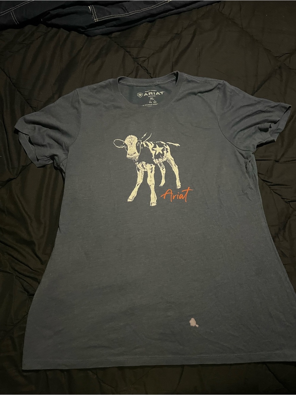 Ariat Navy Short-Sleeve Tee with Cream Cow Graphic and Orange Script
